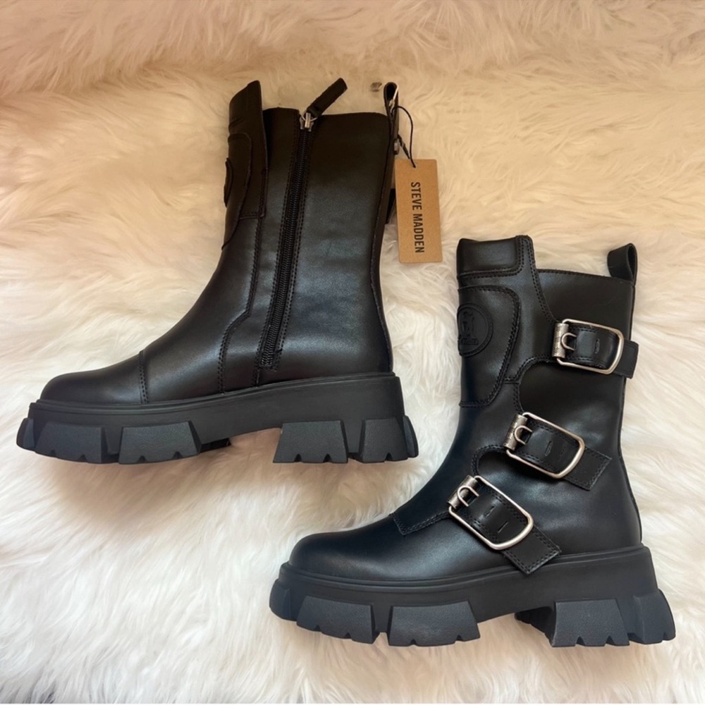 ❤️SOLD❤️ Steve Madden Chunky Sole Platform Moto Combat Boots in Black Leather - Picture 8 of 11